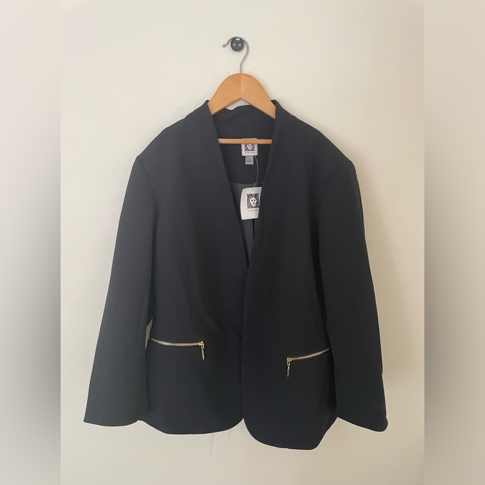 NWT ANNE KLEIN BLACK CREPE 2 GOLD ZIPPERS OPEN FRONT STYLE JACKET SIZE LARGE